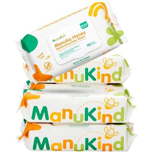 ManuKind Manuka Honey Infused Baby Wipes, Ultra Gentle, 100% Bamboo Fiber, Soft Comfort for Sensitive Skin, Dermatologist Tested, Made in New Zealand, 70 x 6 Bags
