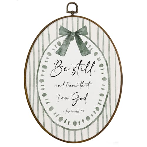 MAQIKA Sage Green Christian Framed Oval Wall Art Decor, Religious Oval Wall Hanging Decor, Be Still and Know That I Am God Bible Verse Canvas Prints Wall Art for Girls Bedroom Room, 8.7x11.3 Inch