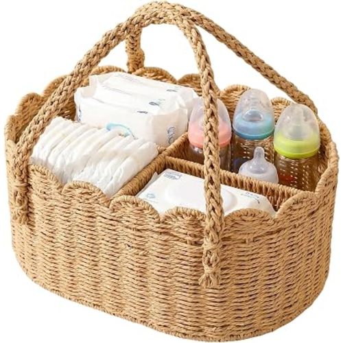 Woven Diaper Caddy for Baby, Paper Rope Storage Bin with Removable Divider, Baby Stuff Organizer for Nursery, Portable Car Storage Basket for Diapers, Baby Shower Gifts, Newborn Essentials Must Haves