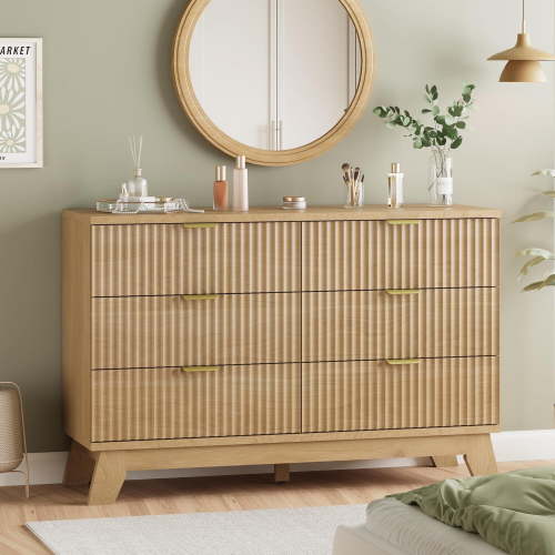 FANRAL 6 Drawer Dresser Fluted Dresser for Bedroom,Wooden Chest Of Drawers Modern Dresser for Closet,Natural Oak Dresser