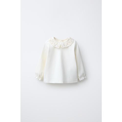 EMBROIDERED PETER PAN COLLAR T-SHIRT - Oyster-white | ZARA United States