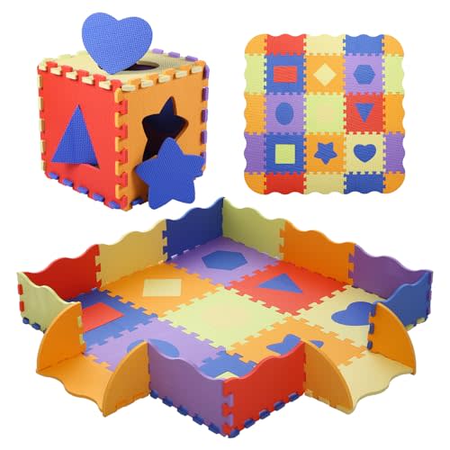 Tamiplay Foam Play Mat for Kids，25Pcs Square Interlocking Puzzle Floor Mat，Baby Play Mat Floor Mat Foam Puzzle Playmat for Toddlers with Fence（Shape-CSH028