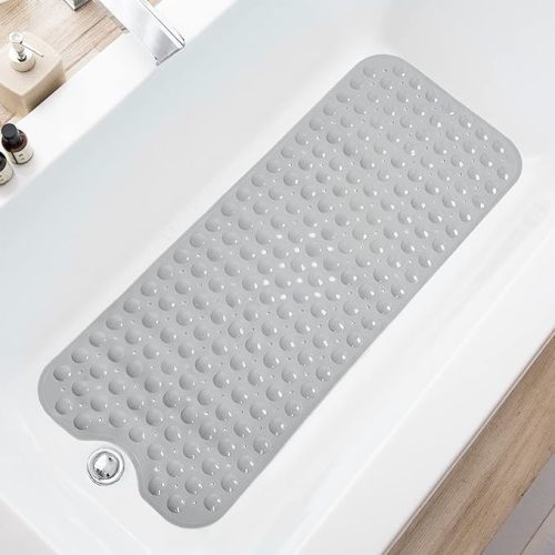 TEESHLY Bathtub Mats for Shower Tub, Extra Long Non-Slip 39 x 16 Inch Bath Mat with Drain Holes and Suction Cups, BathMat for Bathroom with Machine Washable (Opaque Gray)