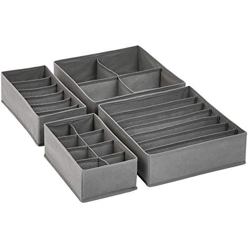Amazon Basics Grey Dresser Drawer Storage Organizer for Undergarments, Set of 4