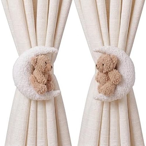 Chumia 2 Pack Moon Bear Curtain Tiebacks Cute Nursery Decor Cartoon Bears Curtain Ties Decorative Animal Shape Holdbacks for Nursery Jungle Theme Rooms Office Living Room