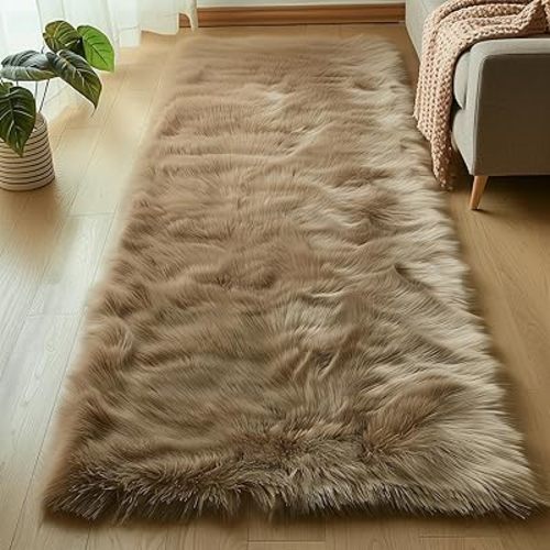 Goolela Furry 2x6 Fluffy Faux Sheepskin Beige Washable Shag Rug for Living Room Bedroom Sofa Cute Room Decor Rectangle