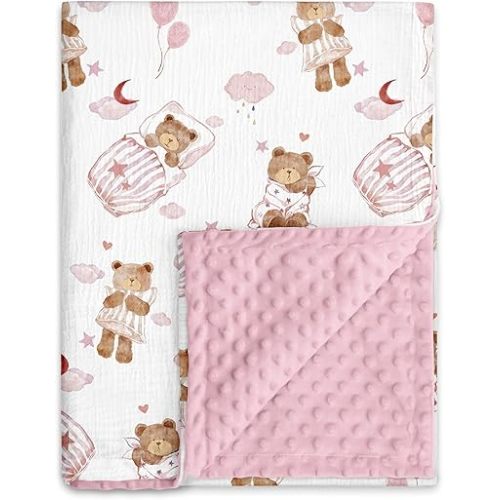 GLLQUEN BABY Blankets for Girls, Soft Muslin Cotton Front Dotted Fleece Backing, Nursery Minky Crib Blanket for Infant Toddler, 30 x 40 inches Throw Blanket, Pink Bear