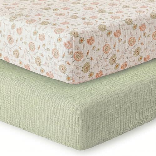 2 Pack Muslin Crib Sheets for Boy Girl - Neutral Fitted Baby Crib Sheets for Standard Toddler Crib Mattress - 52” x 28” Soft Breathable Cotton Baby Bed Sheets - Matcha & Floral
