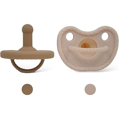 Round Silicone Pacifiers (Set of 2) – 100% Food-Grade, One-Piece Design, Soft Round Nipple, Airflow Shield, Multi-Use Pacifier & Soother for Newborns and Infants 0+ Months - Beige/Hazel - Mila & Lulu