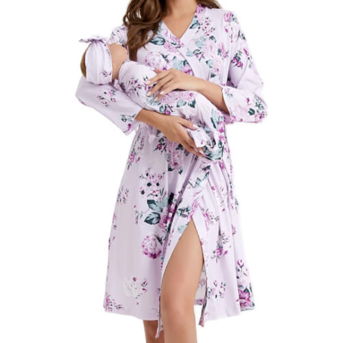 Galabloomer Flower Maternity Robe and Baby Receiving Blanket, Matching Mommy Labor Delivery Robe and Swaddle Set