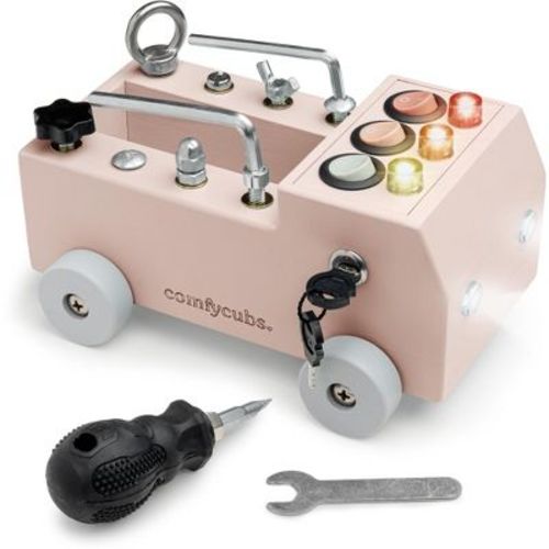 Comfy Cubs Busy Board Truck Toy Set for Kids 3+, Montessori Wooden Activity Board with LED Light Switch, Tool Features & Pine Wood Design