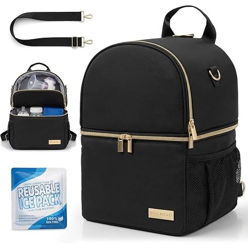 Breast Milk Cooler Travel Bag | Waterproof 2 in 1 Pump & Bottle Sections Insulated Baby Bottle Cooler Bag Backpack with 2 Ice Pack -Fit 6-9oz Bottles -Keeps Milk Fresh -for Working Moms & Daycare