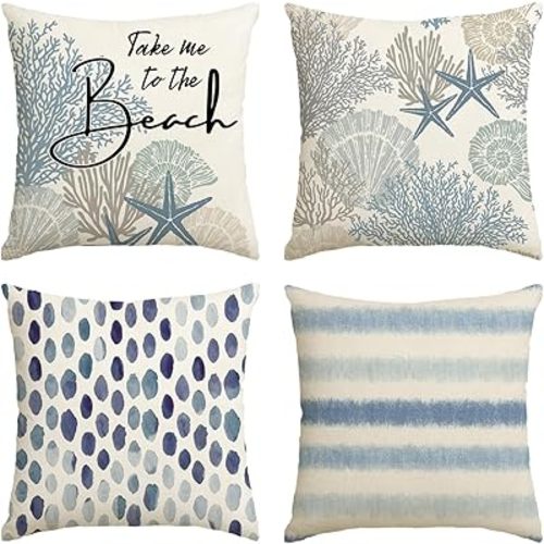 AVOIN colorlife Take Me to The Beach Summer Throw Pillow Covers, 18 x 18 Inch Blue Ocean Starfish Summer Cushion Case for Sofa Couch Set of 4