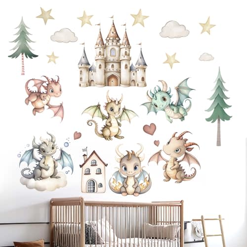 Baby Dragon Wall Stickers for Nursery: Kids Boys Girls Bedroom Wall Decals - Cute Stars Clouds Tree