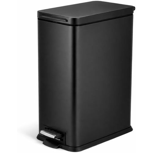 Home Zone Living 4 Gallon Slim Kitchen Trash Can with Soft Close Lid and Step Pedal, Matte Black Stainless Steel Wastebasket with Removable Bucket