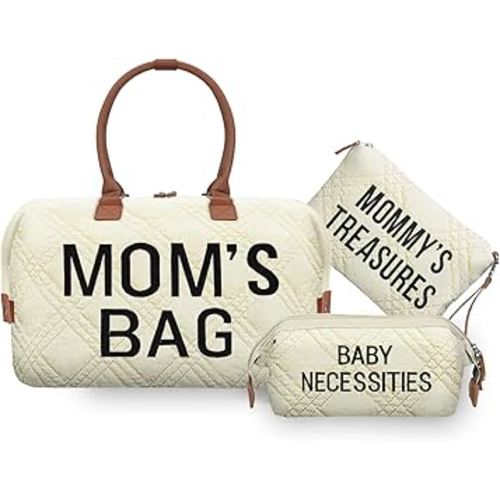 printe Diaper Bag Tote with 2 Organizers, Large Mommy Bag for Hospital & Travel Baby Diaper for Baby Care (Quilted Embroidery-Beige)