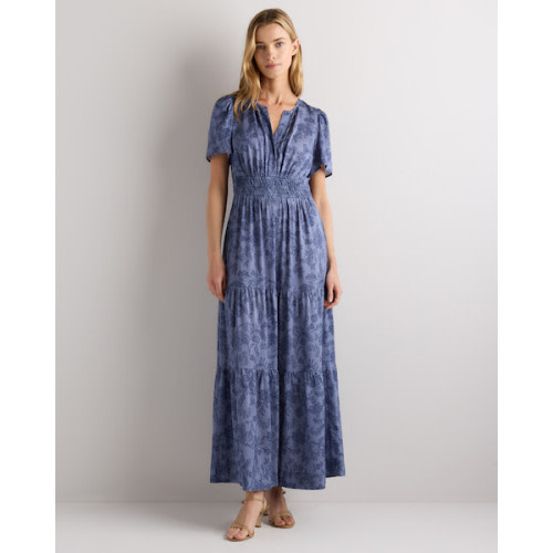 Washable Stretch Silk Tiered Maxi Dress in Moonstone Blue Heirloom Floral