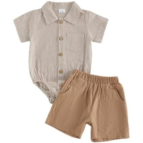 Sasaerucure Baby Boy Summer Outfit Striped Button Down Short Sleeve Romper Solid Shorts 3 6 12 18 Months Boys Clothes