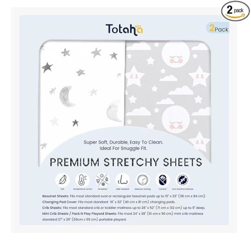 Mini Crib Fitted Sheets, 2 Pack, Color: Moon & Grey Sky | TotAha