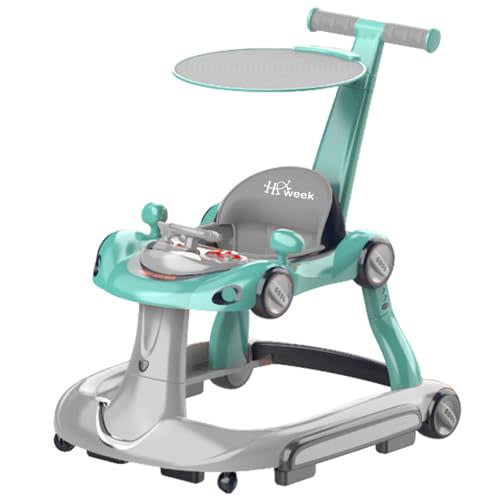 Baby Walker with Wheels, 7-in-1 Foldable Baby Walkers for Boys Girls 6-12 Months with Feeding Tray & Music, Lights,Rocker,Sun Canopy, Bouncing Pedal, Adjustable Wheel Speed, Push Walker(Green)