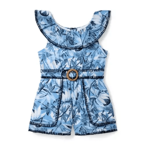 Girl Dreamy Blue Tropical Leaf Tropical Leaf Belted Romper by Janie and Jack