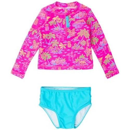 RuffleButts® Baby/Toddler Girls Long Sleeve Rash Guard 2 Piece Swimsuit Set w/UPF 50+ Sun Protection with Zipper