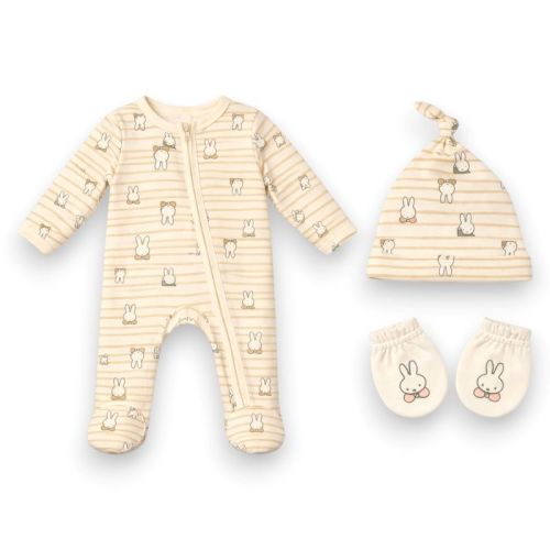 Miffy 3-Piece Ultra-Soft Sleep N’ Play Coverall, Beanie & Mitten Layette Set, Off-White/Striped, 6 Months