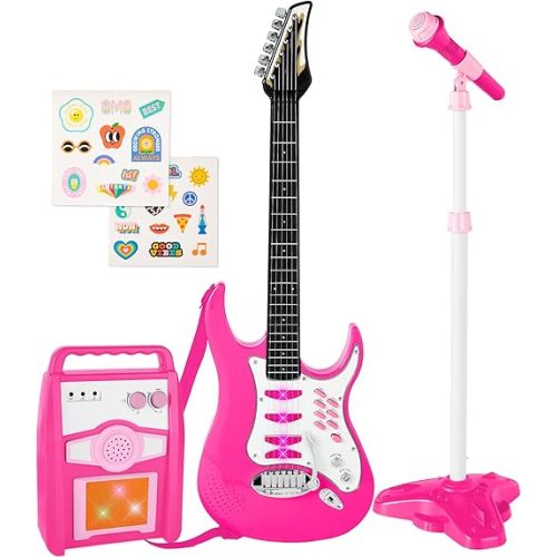 Best Choice Products Kids Electric Guitar Set with Microphone & Amp, Interactive Musical Toy for Boys & Girls, Lights & Sounds, Demo Songs, AUX Input, DIY Stickers - Pink