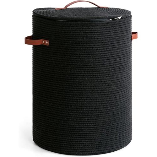 CHICVITA Tall Laundry Basket with Lid, Large Laundry Hamper for Bedroom, Laundry Bin for Clothes, Blankets, Toys, Decorative Woven Basket for Living Room, 15 x 20 inches, Black