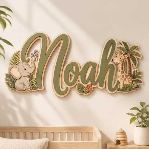 Personalized Safari Nursery Name Sign, Wooden Baby Name Sign, Elephant Giraffe Wall Decor, Custom Kids Room Sign, Baby Shower Gift