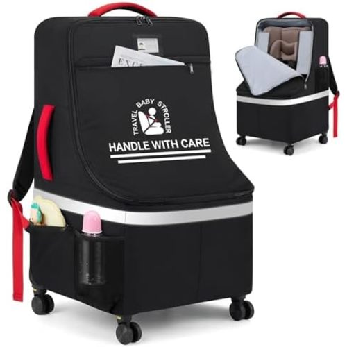 RAINSMORE Padded Car Seat Travel Bag for Airplane with Spinner Wheels, Heavy Duty Carseat Backpack for Air Travel Large Rolling Airport Gate Check Bags Fits Baby Car Seats & Boosters, Black