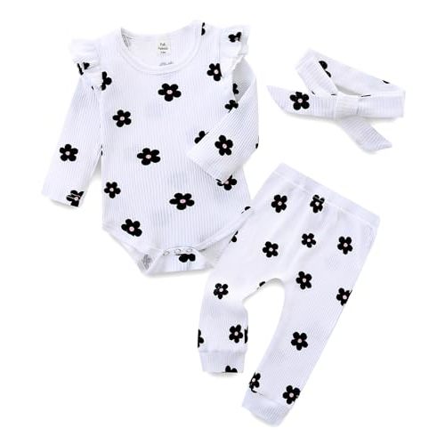 Fullfamous Baby Girl's 3pc Rib Frill Long Sleeve Romper and Pant Set