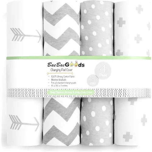Premium Baby Changing Pad Covers 4 Pack – Boy or Girl Changing Pad Cover – Pure Jersey Machine Washable Grey and White Changing Table Cover – Diaper Changing Pad Cover Sheets