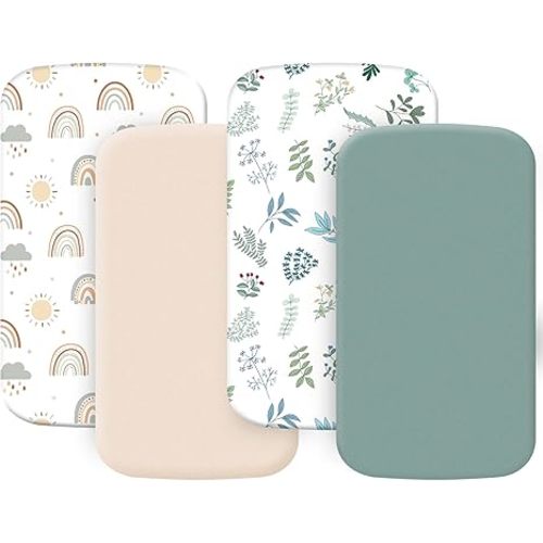 4 Pack Bassinet Sheets (19" x 33") Compatible with wayfong, venowu 3 in 1, and Fodoss Bassinet, Soft and Skin-Friendly, Mint Green and Color Rainbow