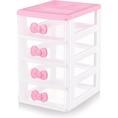 4 Layers Small Sleek Multi-Layer Transparent Plastic Organizer Box - pink bow handle, Pull-Out Drawers Desktop Storage Solution for Cosmetics & Miscellanea, Ideal Bathroom Use
