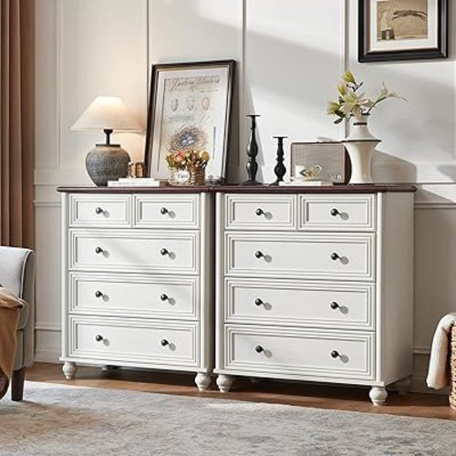 RWYHG Farmhouse 5 Drawer Dresser for Bedroom Set of 2, 35.5" Tall Small Dressers & Chest of Drawers, Rustic Wood Dresser with Roman Column, Storage Organizer for Living Room, Hallway, Closet (White)