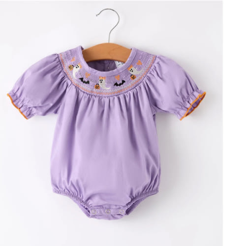 Purple Halloween Smock Embroidery Baby Girl Romper – Witching Hour Baby