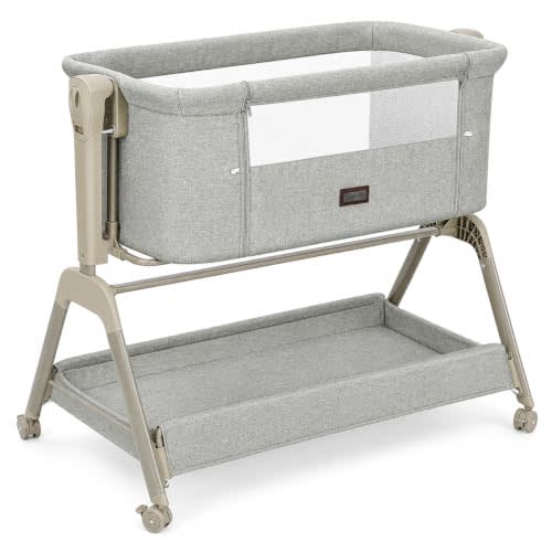 Ezebaby Baby Bassinet Bedside Crib, 3-in-1 Rocking Bassinet Bedside Sleeper | Comfy Mattress and Wheels, 6-Height Adjustable, Stable and Secure Crib for Newborn Infant