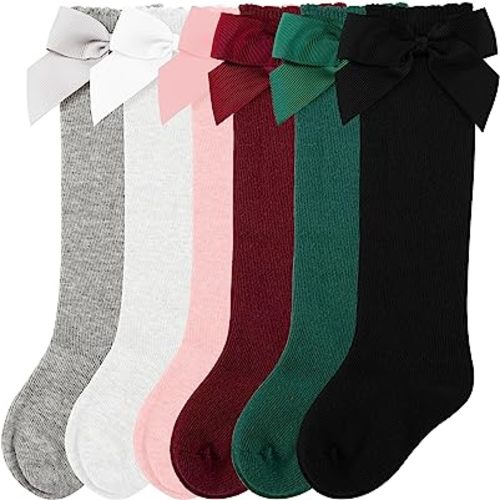 CozyWay Girls Knee High Socks with Bow, 3 & 6 Pack for Infants, Toddlers & Preschool