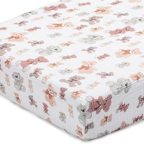 LollyBanks Fitted Crib Sheet 1 Pack, 100% Cotton Neutral Muslin Crib Sheets, Soft and Breathable Baby Sheet for Standard 52 x 28 Inches Mattress, Baby Registry Must Haves (Teddy Bear Print)