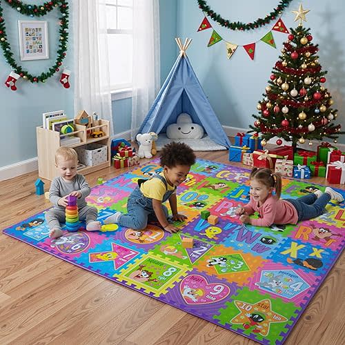 Looney Tunes ABC, Numbers & Shapes EVA Foam Puzzle Mat Non-Toxic Play Mat for Tummy Time, Kids Preschool & Nursery - 36 Tiles, 12x12”, 24 Borders - Educational Playmat for Toddlers & Children, KC Cubs