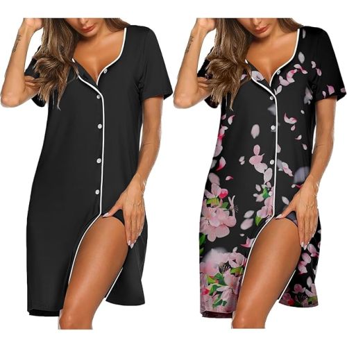 Ekouaer Nightgowns for Women 2 Pack Button Down Sleepshirt Short Sleeve Nightshirt Soft Sleepwear V Neck Pajama Dress