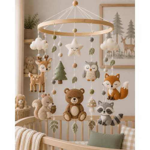 Woodland Felt Baby Mobile, Forest Animals Nursery Decor, Neutral Boho Crib Mobile