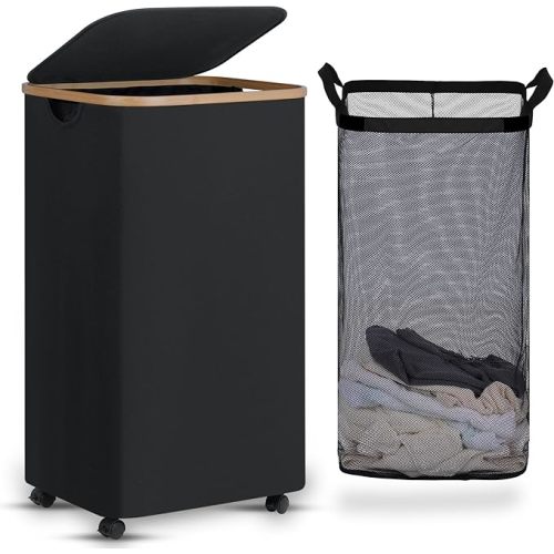 efluky Laundry Basket with Wheels, Tall Rolling Laundry Hamper with Lid and Removable Bag, Aesthetic Dirty Clothes Hamper on Wheels for Laundry Room, Bedroom, Dorm and Bathroom, 100L Black