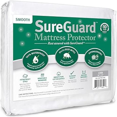 Amazon.com: SureGuard Crib Size Mattress Protector - 100% Waterproof, Hypoallergenic - Premium Fitted Cotton Terry Cover White : Home & Kitchen