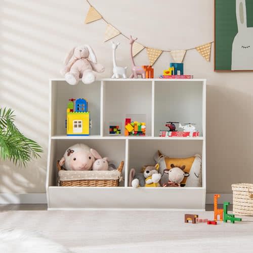 HONEY JOY Toy Storage Organizer with Bookcase, 5-Cubby Children Bookshelf Toy Storage Cabinet, Open Kids Toy Shelf Book Display Organizer for Playroom, Bedroom, Nursery, School (White)