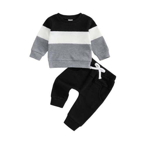 Loicainy Toddler Baby Boy Fall Outfit 6 12 18 24 Months 2T 3T Contrast Color Striped Crew Neck Long Sleeve Tops and Pants 2 Pcs Clothes Set