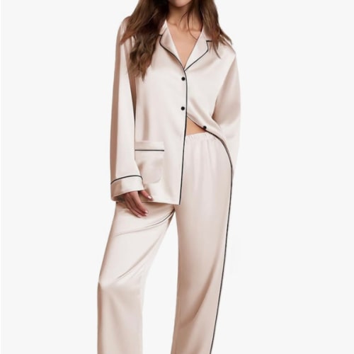 Ekouaer Womens Pajama Sets Satin Silk Pjs Classic Button Down Sleepwear Soft Long Sleeve Lounge Sets