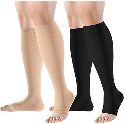 bropite Open Toe Compression Socks for Men & Women - 2 Pairs of 15-20 mmhg Knee High Stockings for Circulation Support