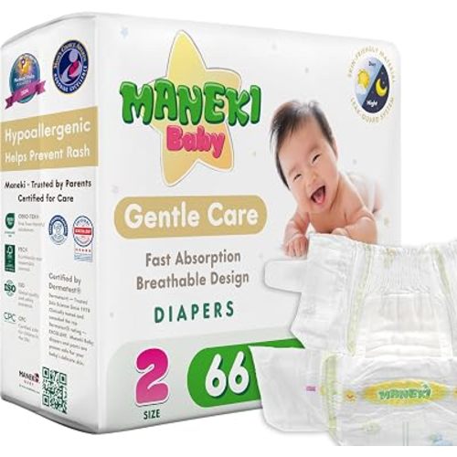 MANEKI Baby Diapers, Size 2 (9–18 lbs), 66 Count – Hypoallergenic, Fragrance-Free & Breathable, Up to 12-Hour Leak Protection for Sensitive Skin